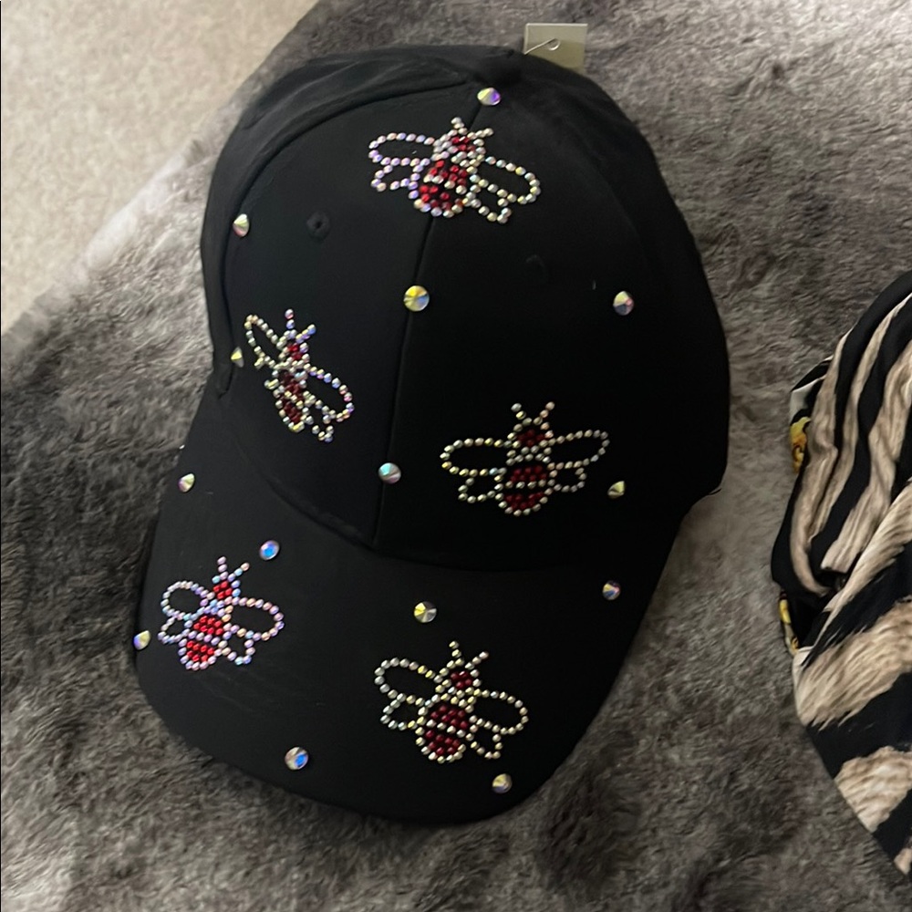 Black Cap with Rhinestone Bee Design